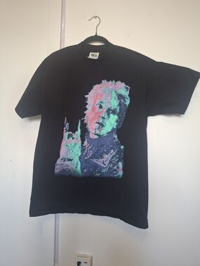 Pure Collection Black Graphic Tee with Neon Pink and Teal Portrait
